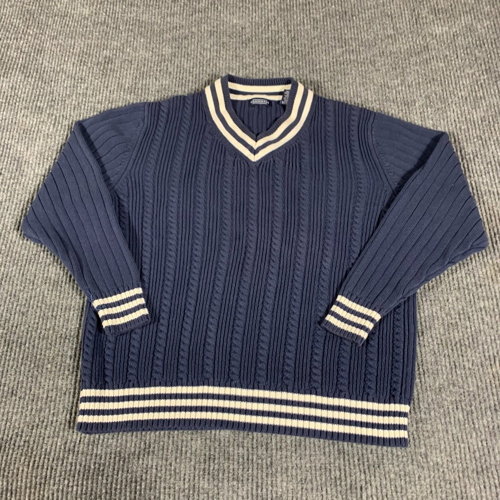 Vtg Consensus Sweater Mens Medium M Blue Cotton Striped Cable Knit Preppy Y2K